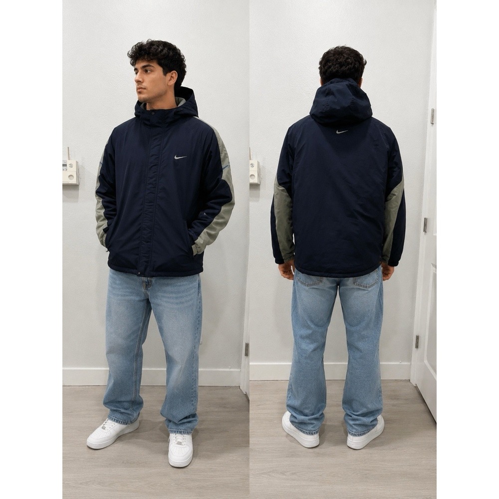 Nike Y2K Hooded Nylon Jacket Mens XL Navy Gray Swoosh Gorpcore Skatewear